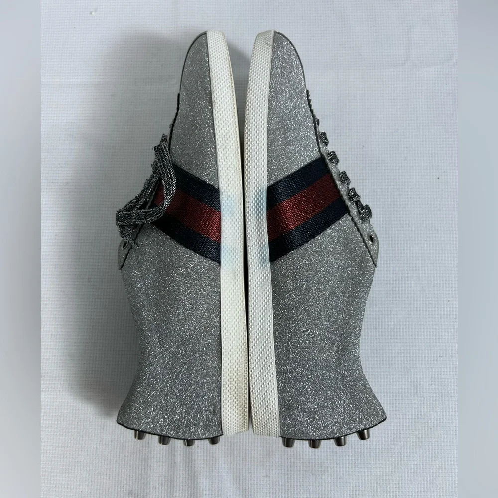 Gucci Ace Silver Glitter Web Stripe Sneakers Size 8